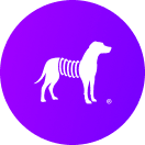White silhouette of a dog with visible spine bones on a purple circular background.