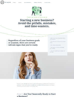 Business resource webpage with heading about starting a business and image of a woman thinking.