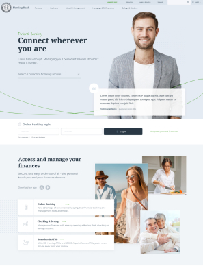 Bank website homepage with a smiling man, login form, and sections about managing finances and services.