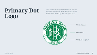 Green circular Herring Bank logo with white ribbon and white monogram inside the green dot.