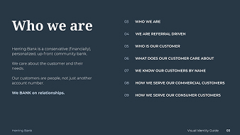 Page titled Who we are describing Henning Bank’s customer focus and relationship-driven approach.
