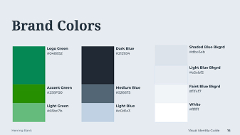 Brand colors chart showing shades of green, blue, white, and their hex codes.