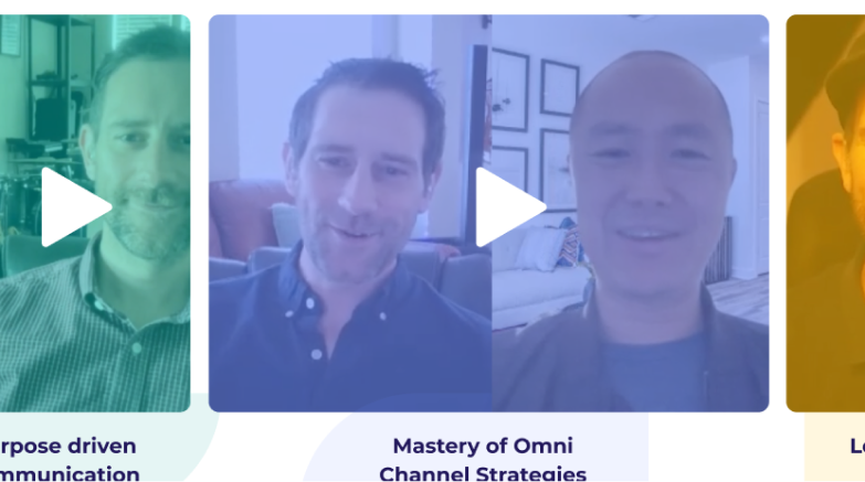 Two men smiling in video call frames with play icons indicating video testimonials.