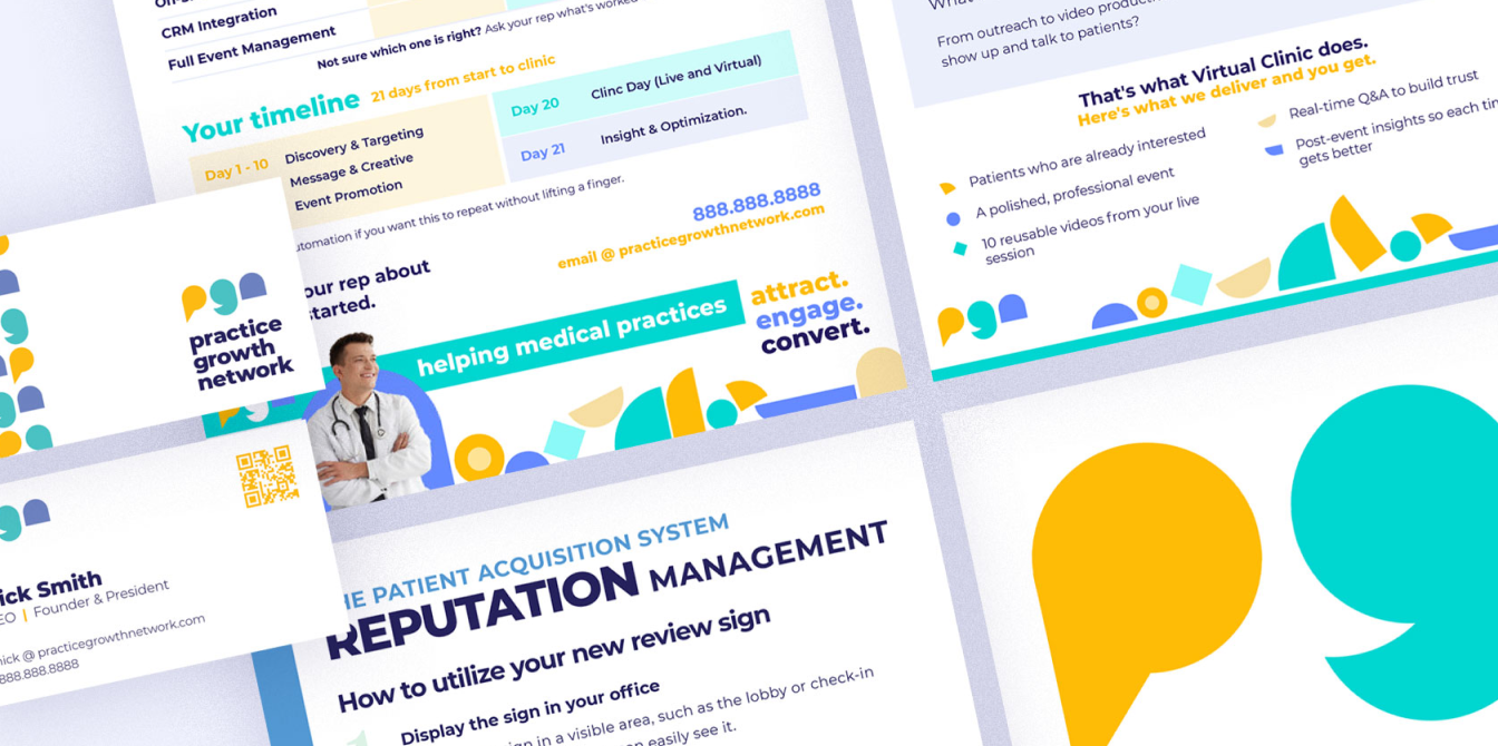 Collage of marketing materials for medical practice growth services featuring text, icons, and a doctor photo.