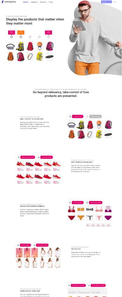 E-commerce product display options with categories, relevance filters, and a man holding a bicycle.