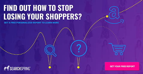 Purple ad with text about stopping shopper loss and icons of magnifying glass, question mark, cart, and Amazon logo.