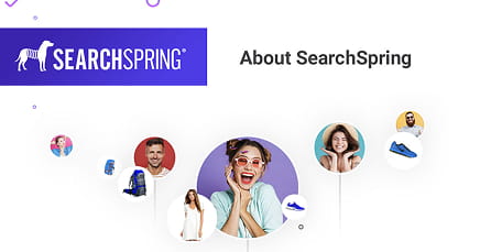 SearchSpring logo with photos of diverse happy people and shopping items in circles around a central woman.