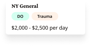 Price card showing NY General hospital daily rate for DO Trauma care at $2,000 to $2,500 per day.