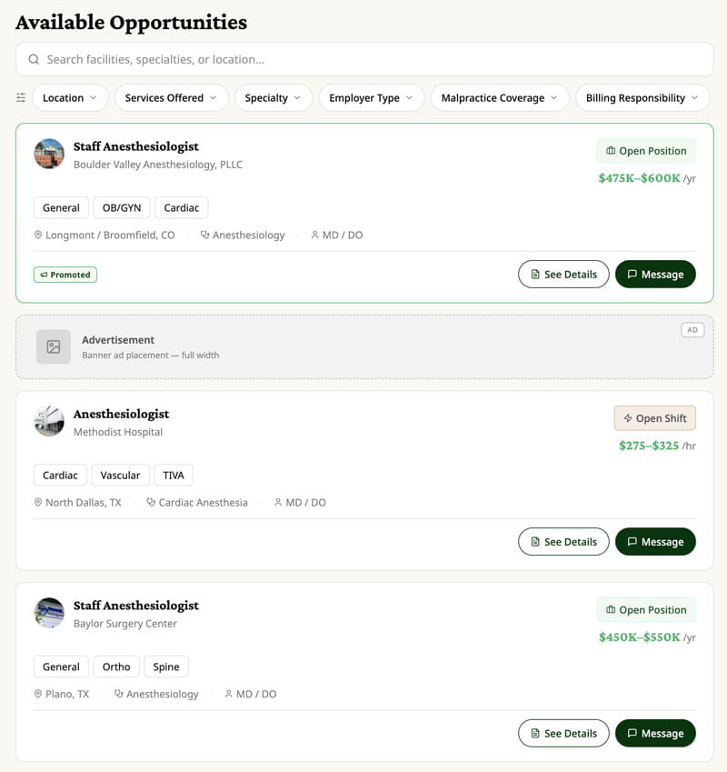 Job listings for anesthesiologists with locations, specialties, pay ranges, and options to message or see details.