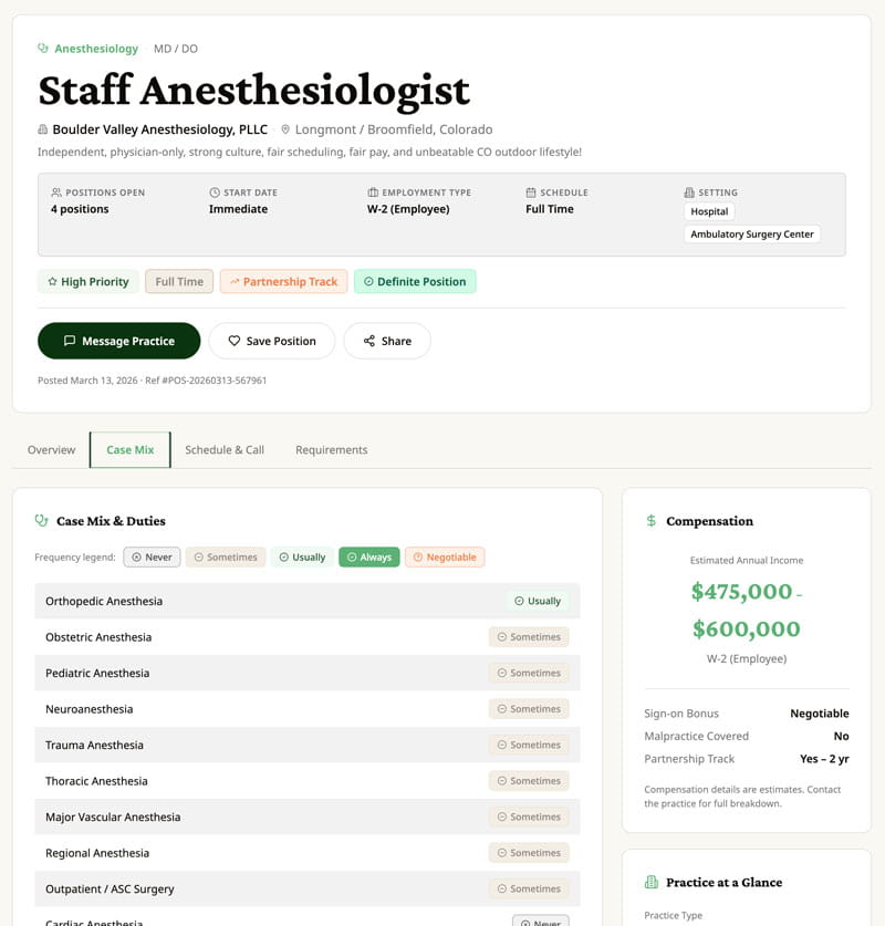 Job posting for Staff Anesthesiologist in Colorado with details on case mix, pay, and work setting.