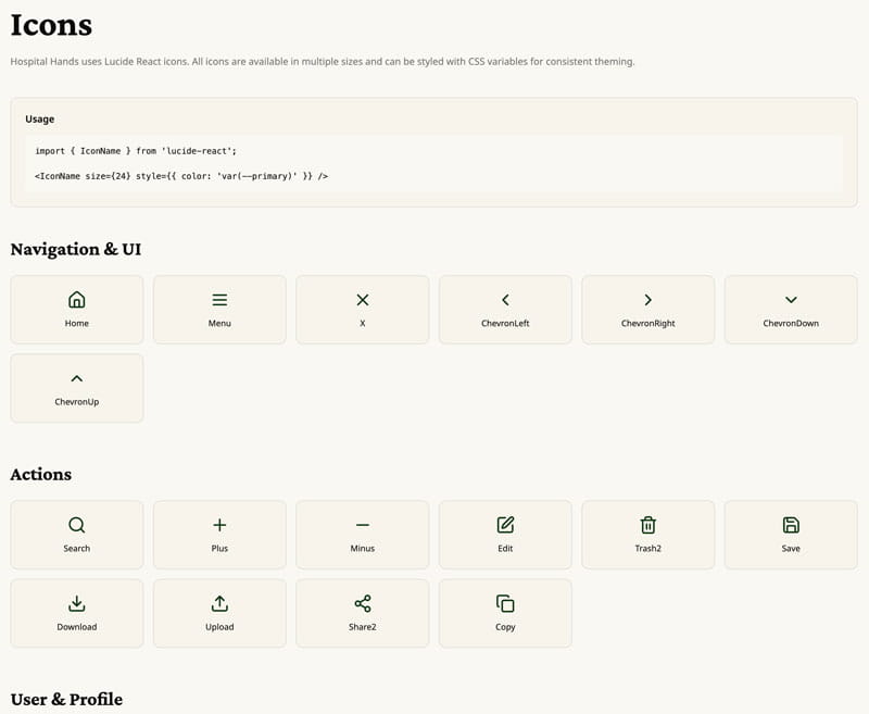 Webpage screenshot displaying Lucide React icons with sections for Navigation, Actions, and usage code snippet.