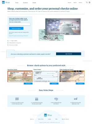 Website page showing personal check customization and ordering options with sample check images.