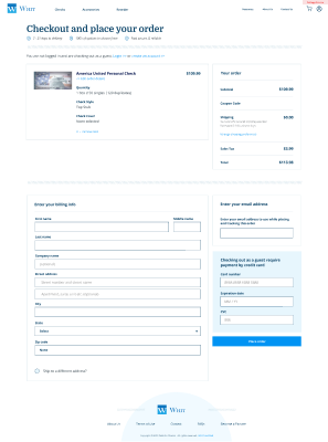 Online checkout page displaying order summary, billing form, and credit card payment section.