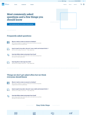 FAQ webpage showing commonly asked questions, order tips, and easy order steps icons at bottom.