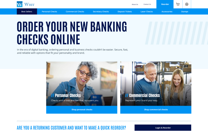 Website homepage offering personal and commercial checks with options to shop and reorder online.