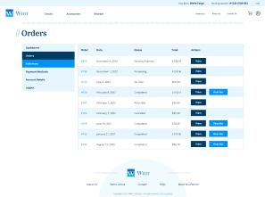 User account orders page listing order IDs, dates, statuses, totals, and action buttons for details or refunds.