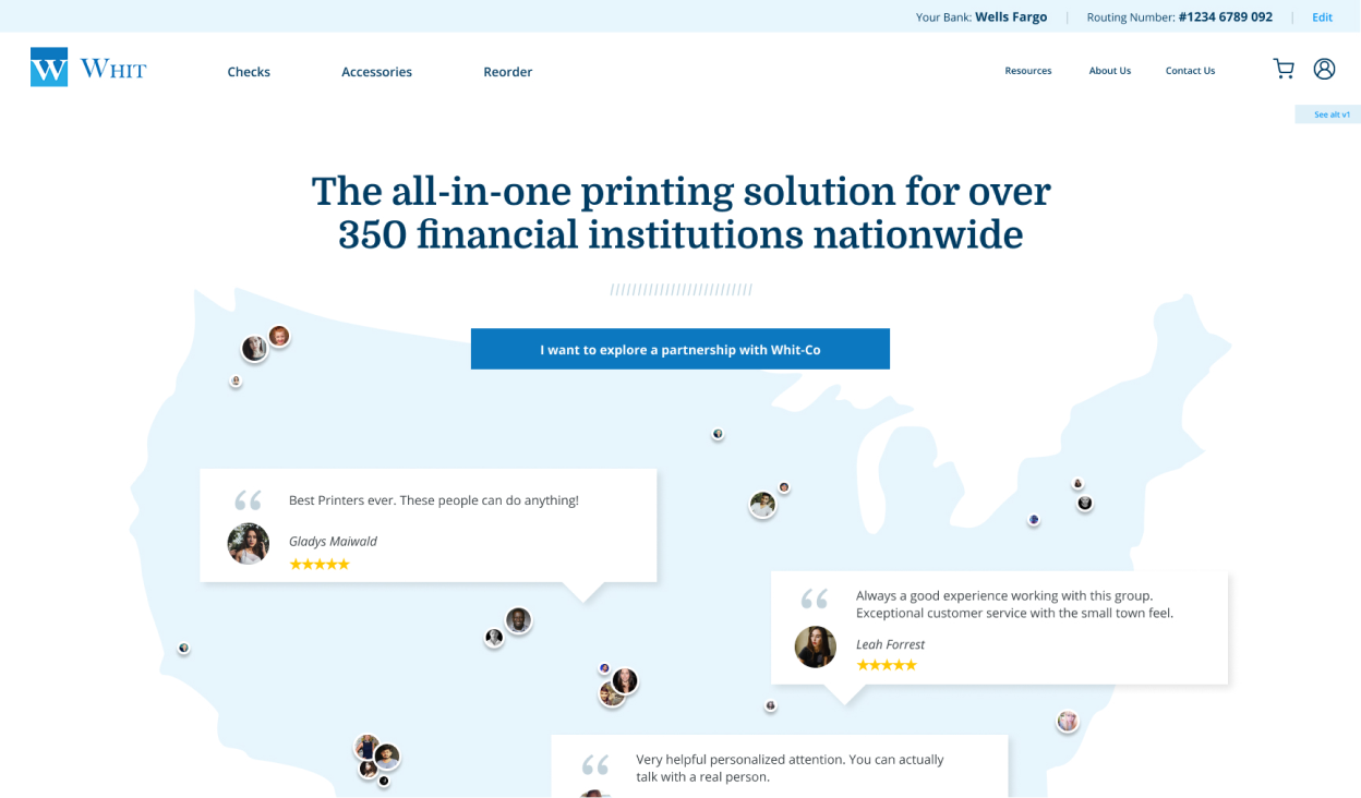 Map of the U.S. with customer photos and reviews praising Whit-Co's printing solutions for financial institutions.