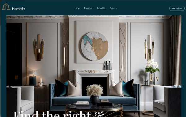 Elegant living room with blue sofa, white armchairs, fireplace, abstract art, and modern gold wall sconces.