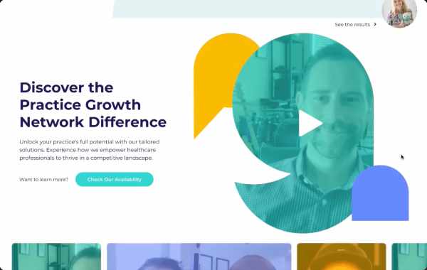 Website banner with text about Practice Growth Network and a man's photo inside stylized speech bubbles.