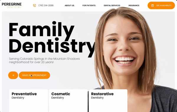 Smiling woman with straight teeth next to text promoting family dentistry services in Colorado Springs.