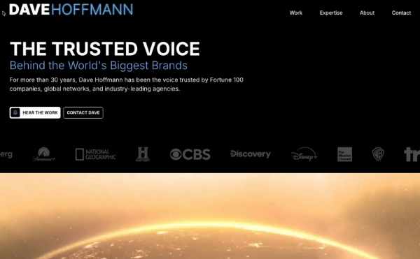 Website header for Dave Hoffmann, voice trusted by Fortune 100 brands, with logos of major networks below.