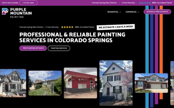 Purple Mountain Painting website showing professional painting services with images of painted homes and buildings.