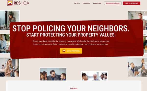 Reshoa website banner urging to stop policing neighbors and protect property values with a proposal button.