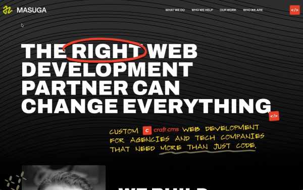 Website header stating 'The right web development partner can change everything' with Masuga logo.