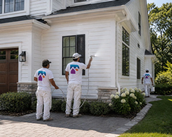 Three workers in white uniforms power wash exterior of a white house with shrubbery nearby.
