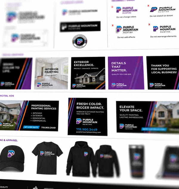 Brand style guide showing Purple Mountain Painting logos, slogans, digital ads, and branded apparel.