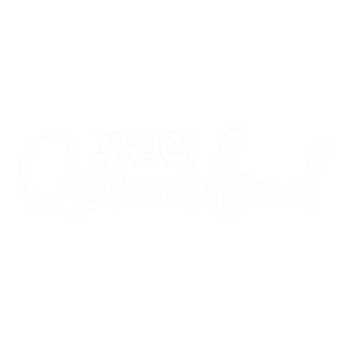 Tourism and Events Queensland logo in white script and uppercase font.