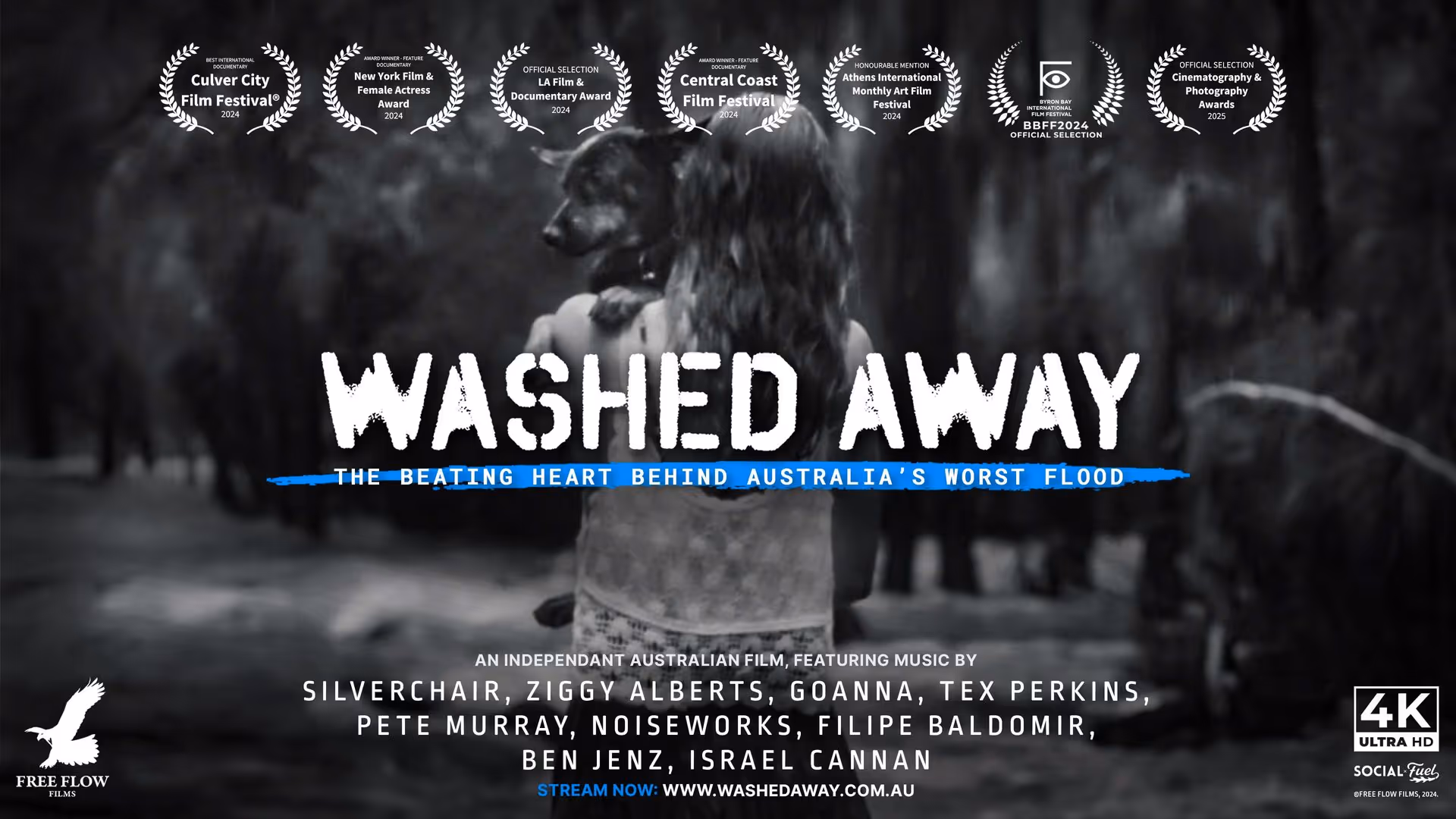 Film poster for the documentary 'Washed Away' showing a person carrying a dog with a blurred outdoor background and various film festival laurels.