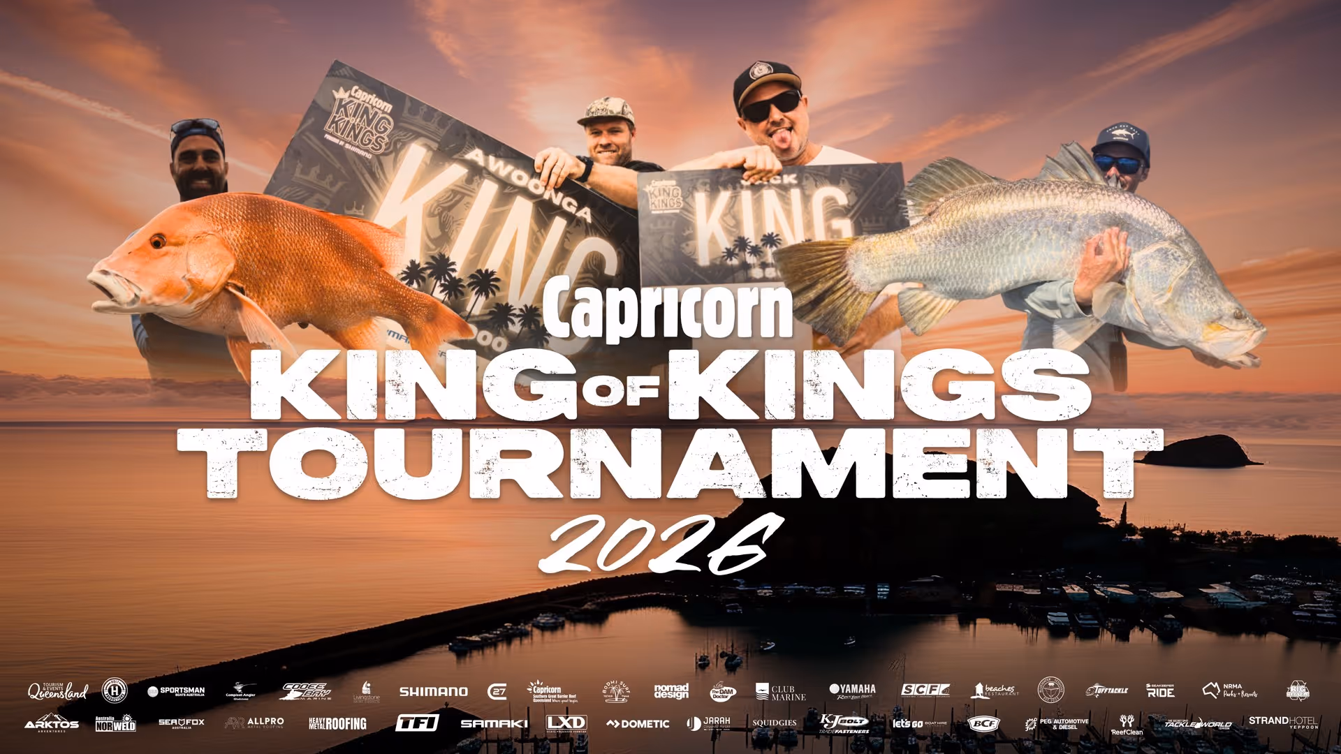 Sunset over a coastal marina with three men holding large fish and King of Kings Tournament 2026 text overlay.