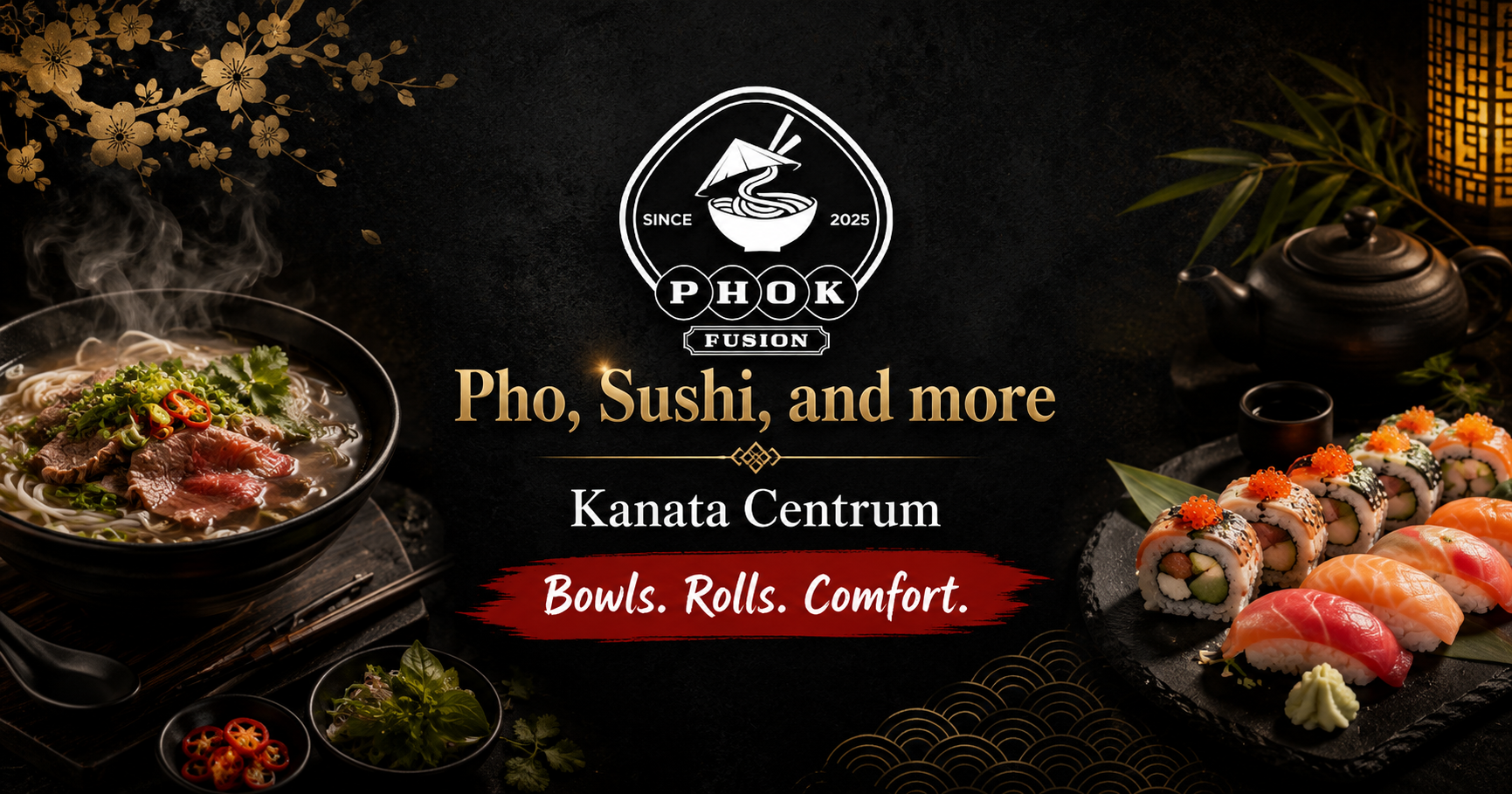 Photo shared on Pho K Fusion's website showing a promotional banner with their logo, the tagline "Pho, Sushi, and more," and photos of pho and sushi.