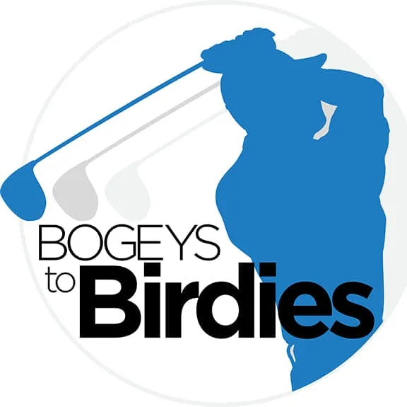 Logo with a blue golfer silhouette swinging a club and text 'Bogeys to Birdies'.