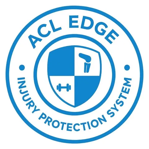 Blue circular logo with a shield showing a knee joint and dumbbell for ACL Edge Injury Protection System.