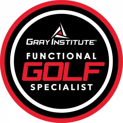 Gray Institute Functional Golf Specialist logo with black background and red outer circle.