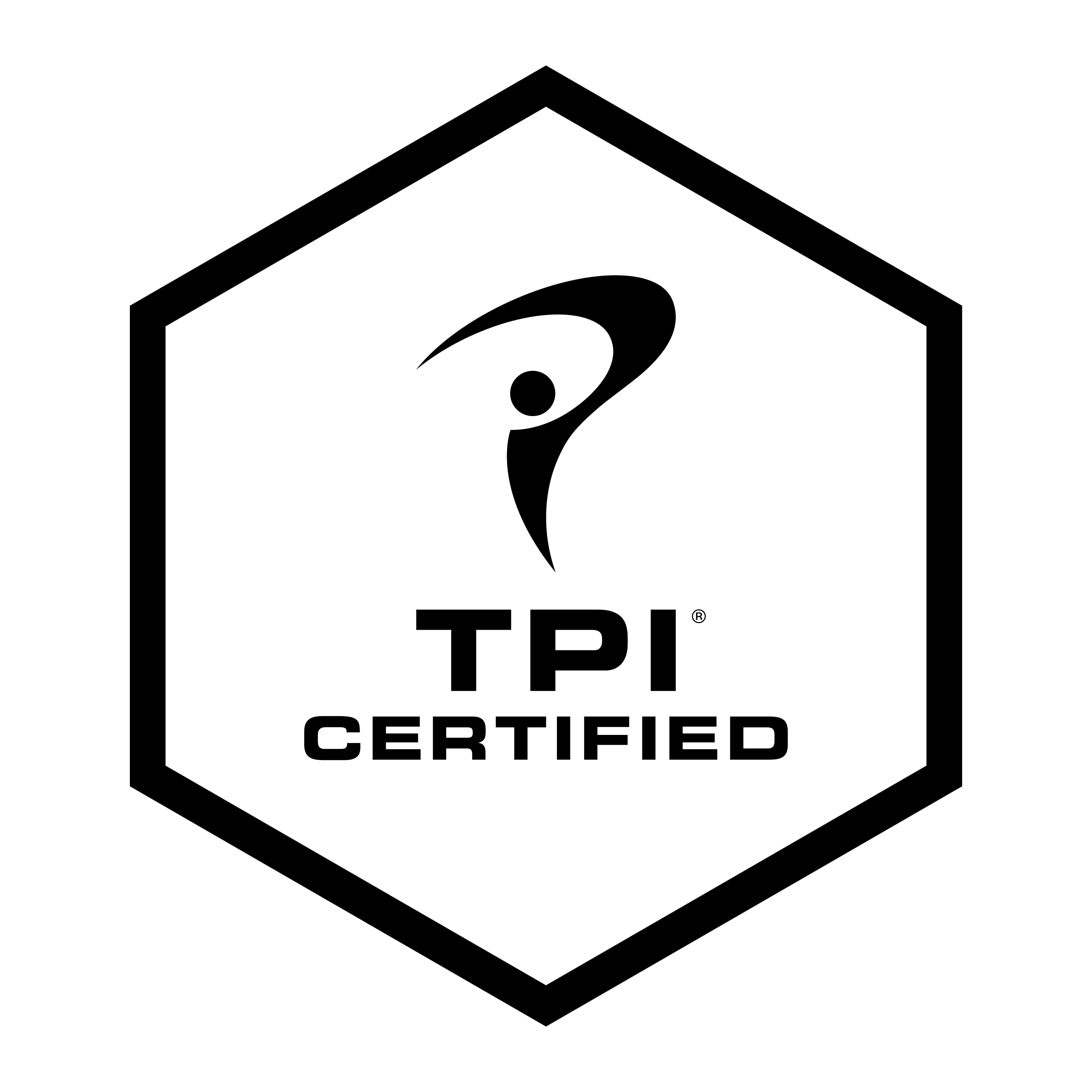 Hexagon with stylized person above bold text saying TPI Certified.