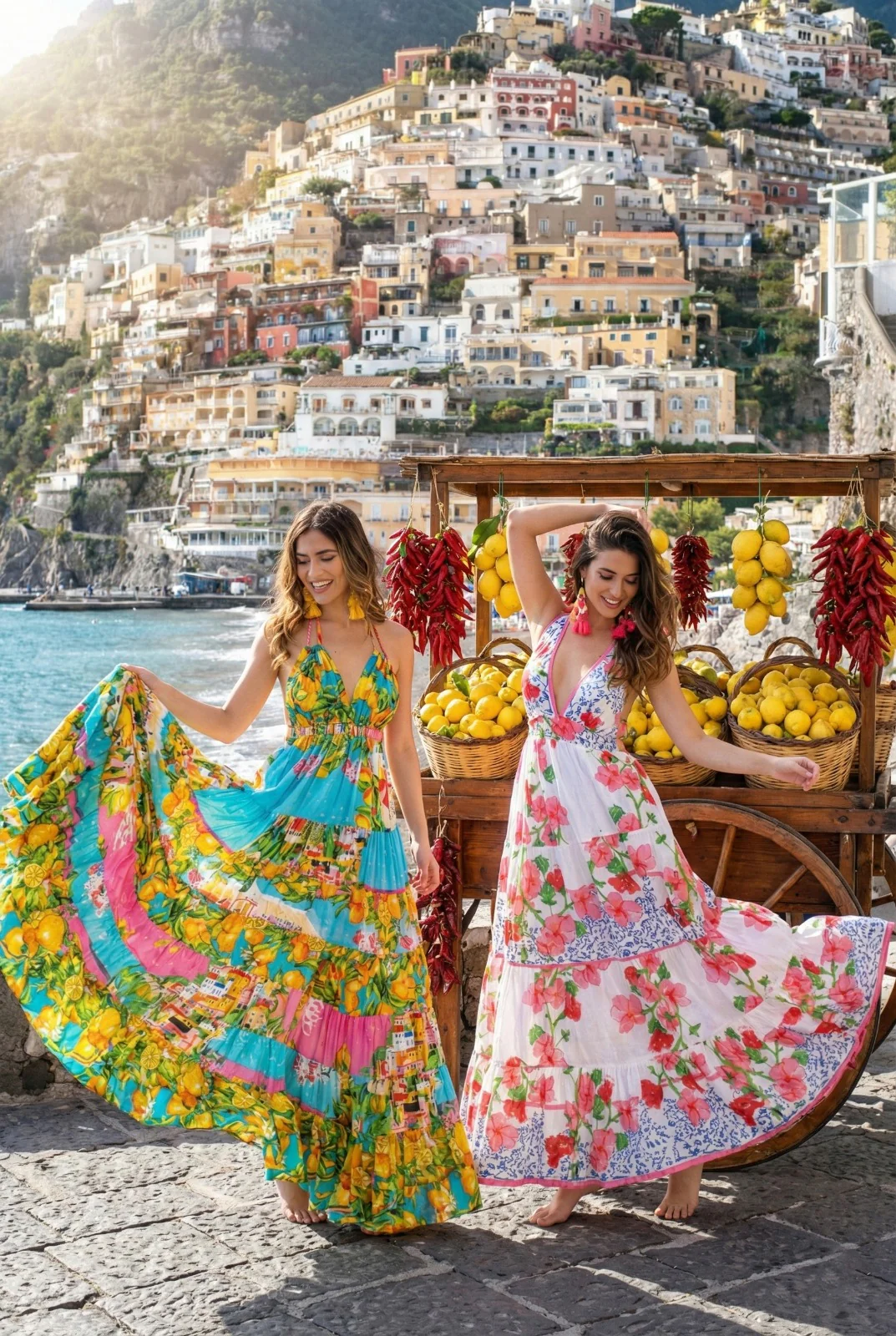 Zwei Frauen in bunten, gemusterten Maxikleidern tanzen barfuß vor einem Stand mit Zitronen und roten Chilischoten in einem Küstenort mit terrassenförmigen Häusern im Hintergrund.
