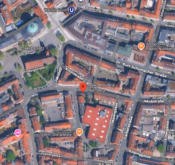 Satellitenbild einer Innenstadt in Nürnberg mit markiertem Ort BOHO LOUNGE nahe Jakobstraße und Knorrstraße, U-Bahn-Station Weißer Turm, umliegenden Straßen und Restaurants.