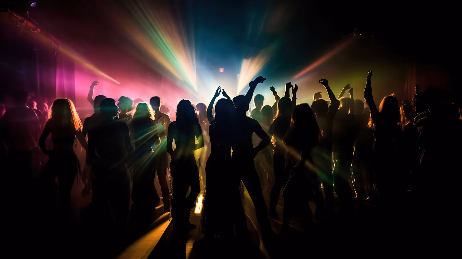 Silhouetten von Menschen tanzen auf einer Party mit bunten Lichtstrahlen im Hintergrund.
