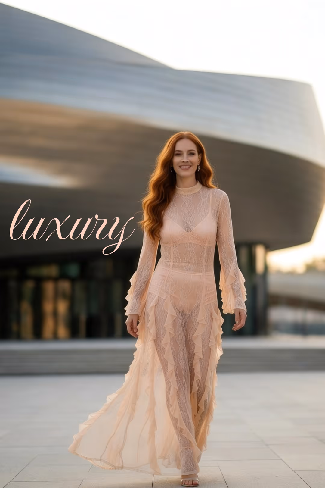 Frau mit langem roten Haar in einem transparenten, beigen Spitzenkleid mit Rüschen geht lächelnd.