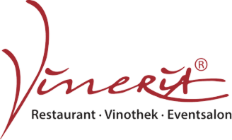 Vineria Schriftzug in Rot mit den Worten Restaurant, Vinothek, Eventsalon darunter.