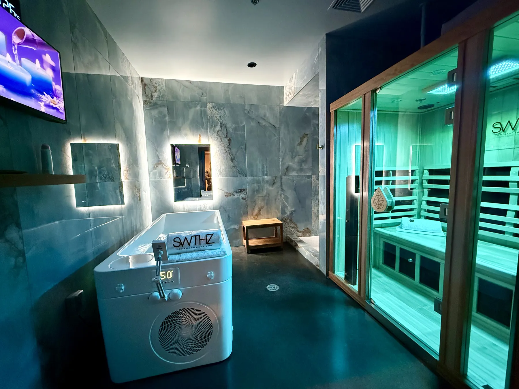 SWTHZ cold plunge and sauna room with modified polished concrete, colored penetrating stain and high-wear aliphatic urethane topcoat
