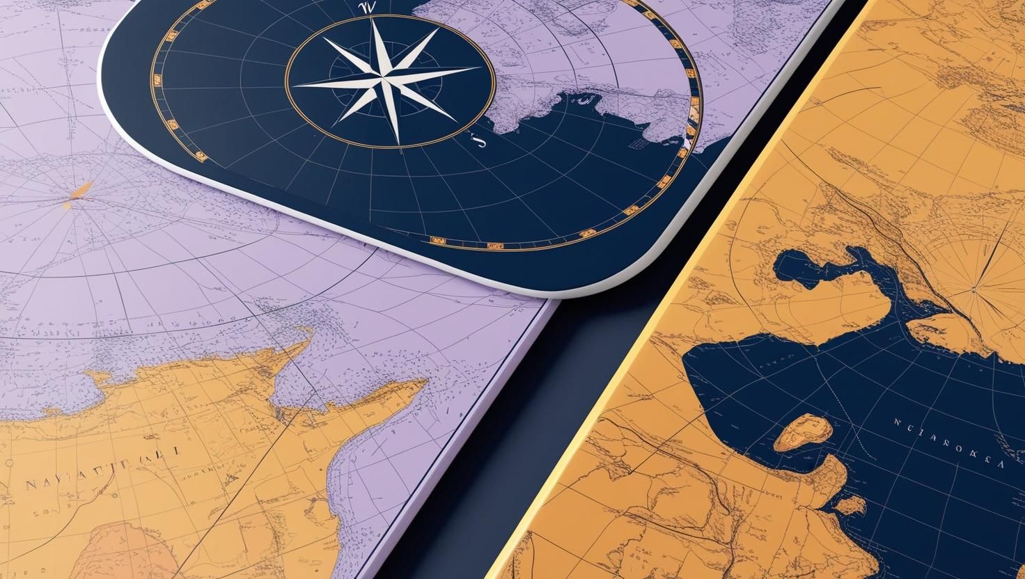 Nautical charts in lavender and gold with a compass rose