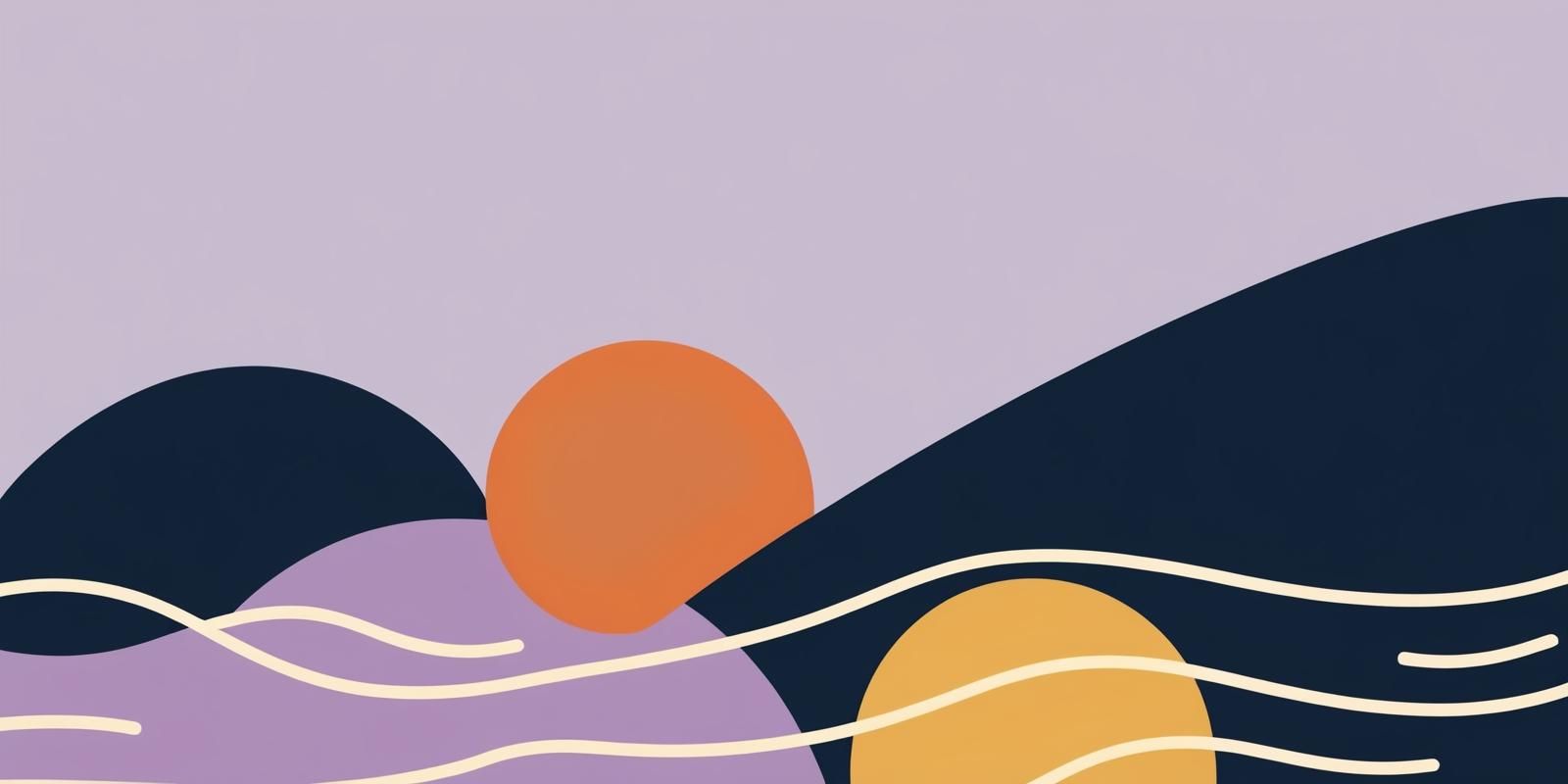 Illustration of layered waves and two suns in purple, navy, orange and yellow