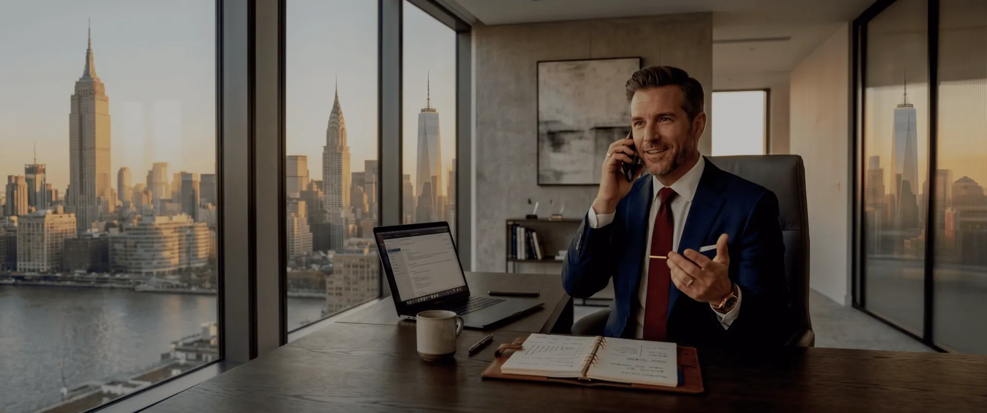 Business owner on a call at his desk overlooking Manhattan