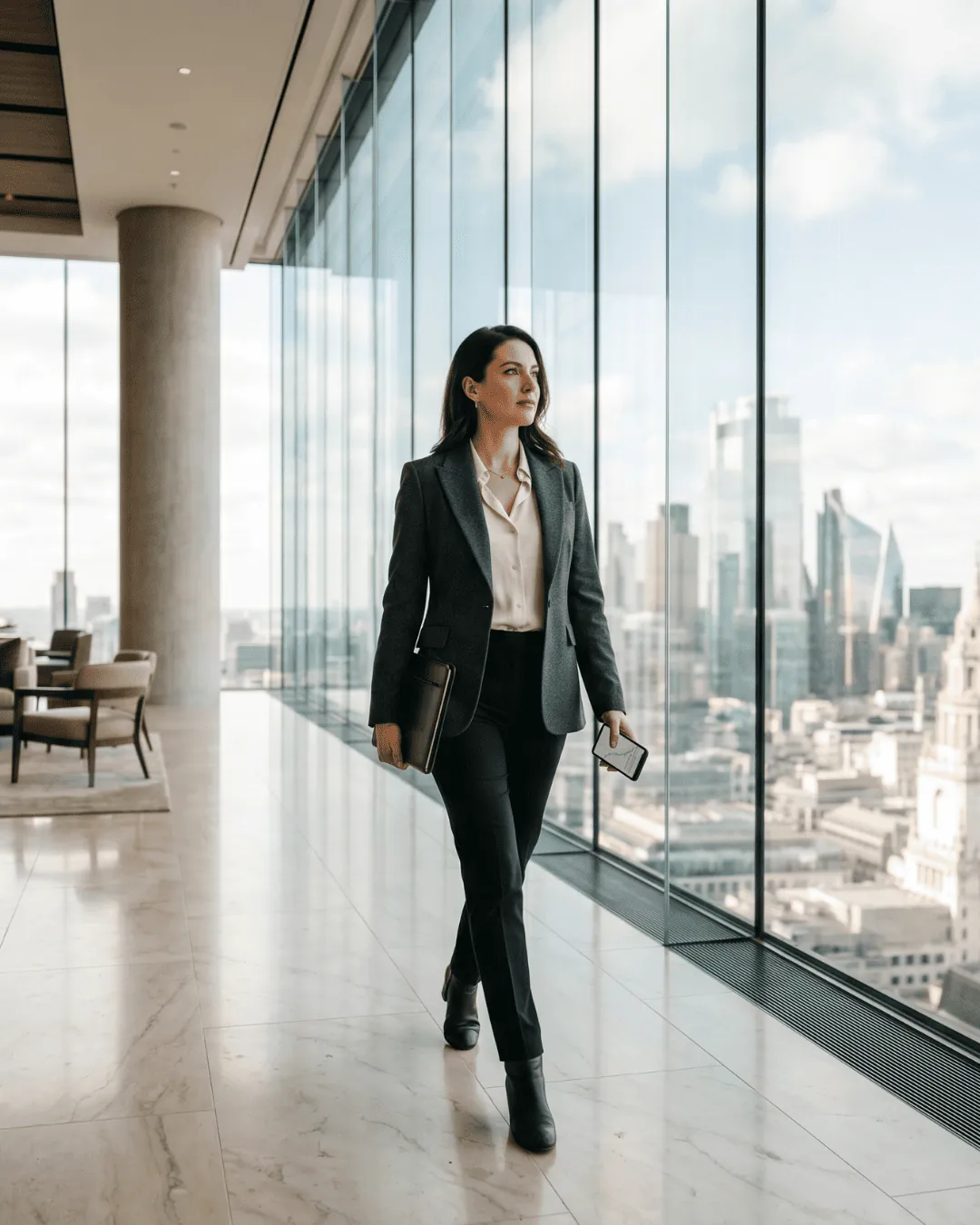 Businesswoman walking through a glass-walled office with a city view