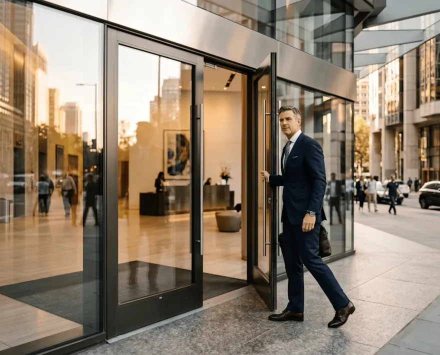 Businessman in a suit walking into a glass office building