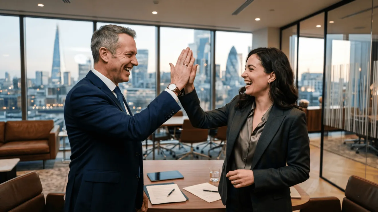 Advisor and client giving each other a high five in an office overlooking the city